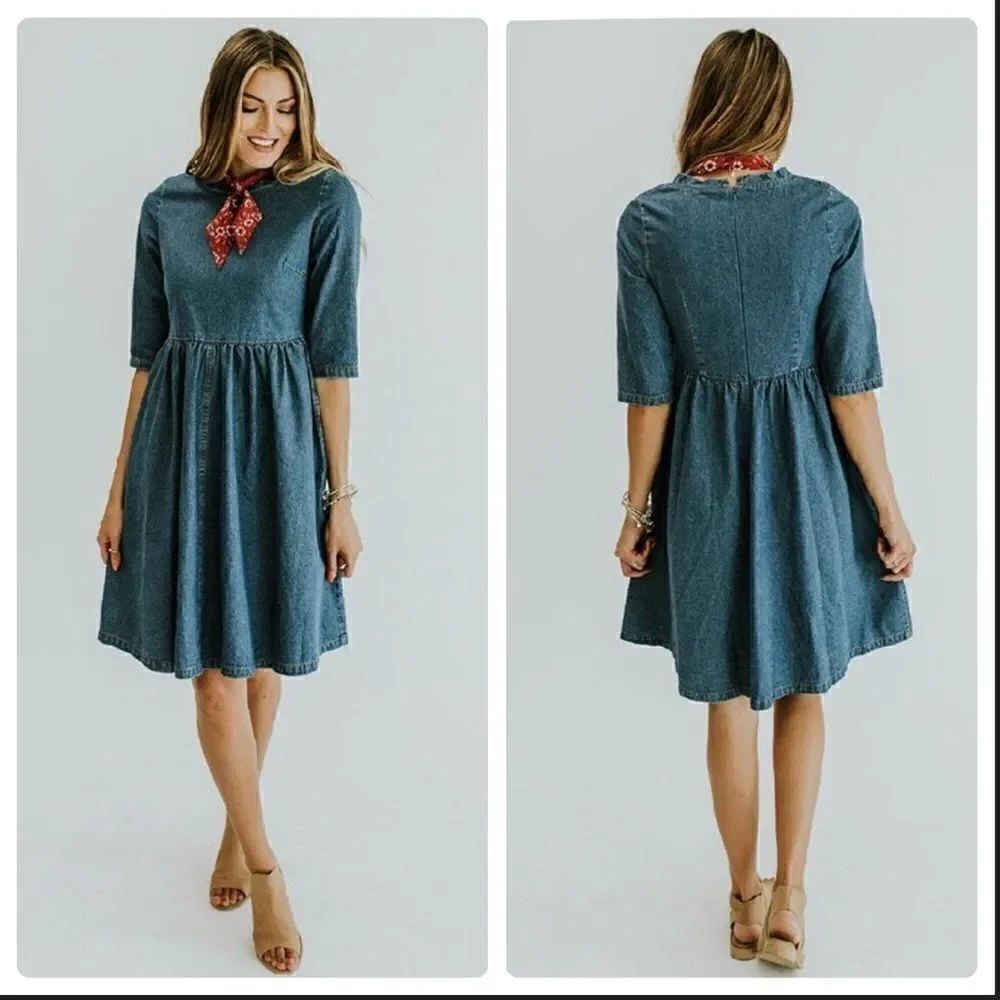 Pando Grove 3/4 Sleeve Denim Dress SMALL